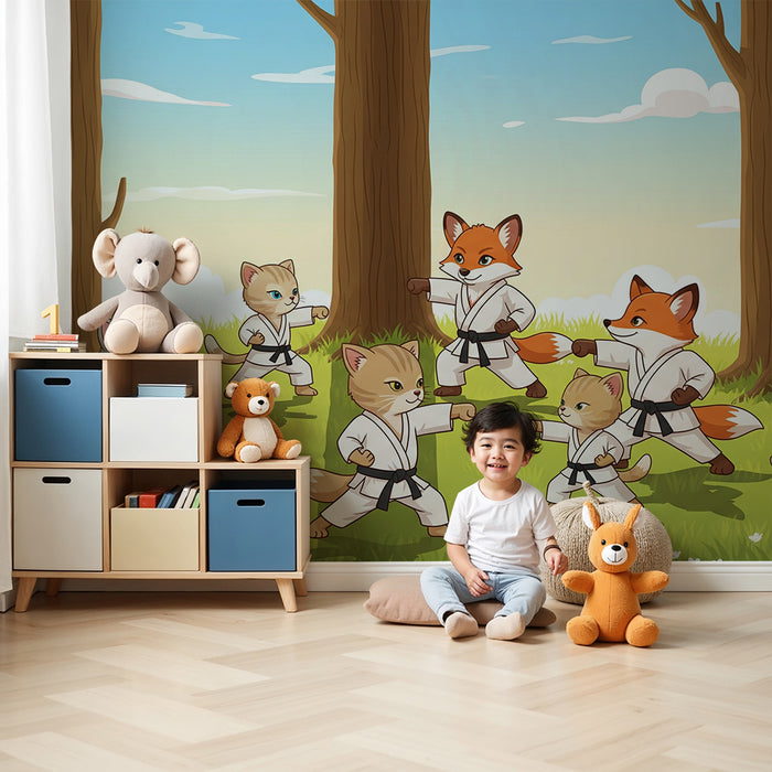 Kids room wallpaper | Cats and foxes doing karate in a natural setting