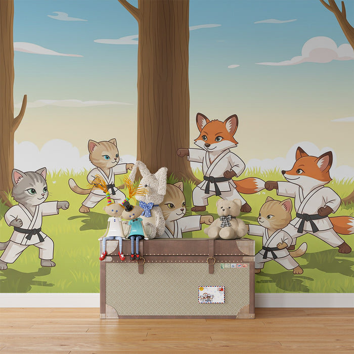 Kids room wallpaper | Cats and foxes doing karate in a natural setting