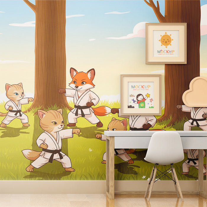 Kids room wallpaper | Cats and foxes doing karate in a natural setting
