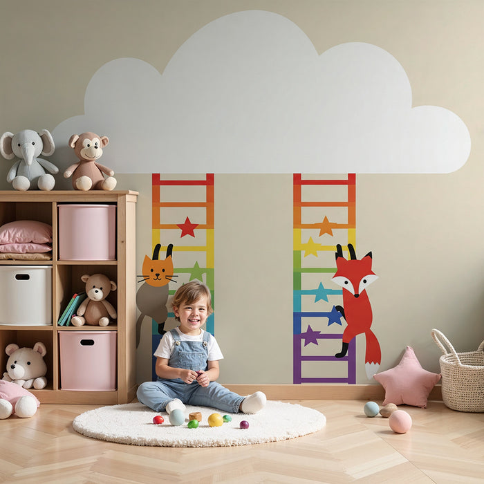 Kinderzimmer-Tapete | Katzen und Füchse klettern auf bunten Leitern in die Wolken