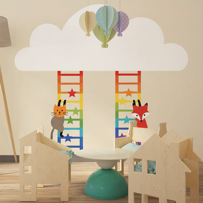 Kinderzimmer-Tapete | Katzen und Füchse klettern auf bunten Leitern in die Wolken