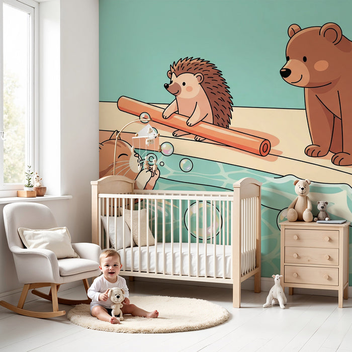 Kinderzimmer Tapete | Katzen, Igel und Bären am Pool