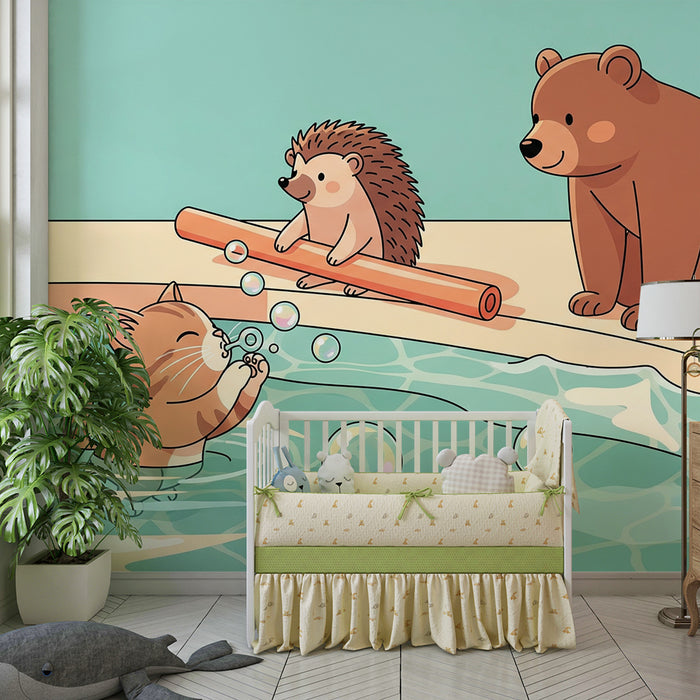 Kinderzimmer Tapete | Katzen, Igel und Bären am Pool