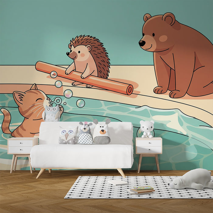 Kinderzimmer Tapete | Katzen, Igel und Bären am Pool