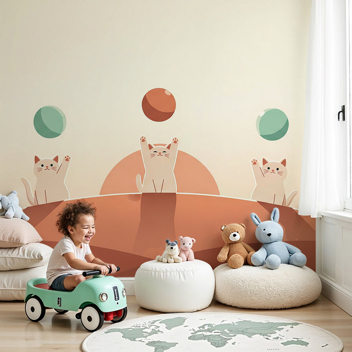 Kinderkamer behang | Spelende katten op heuvels met kleurrijke ballonnen