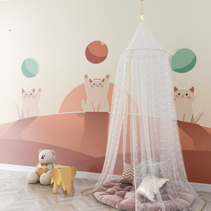 Kinderkamer behang | Spelende katten op heuvels met kleurrijke ballonnen
