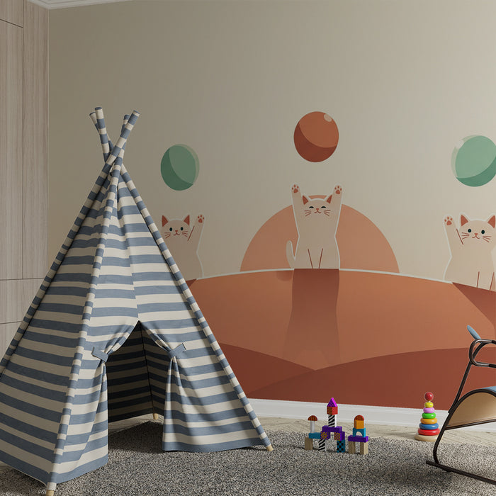 Kinderkamer behang | Spelende katten op heuvels met kleurrijke ballonnen