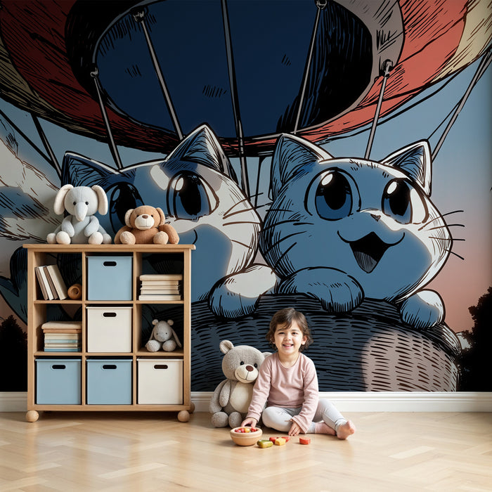 Kinderkamer behang | Vrolijke katten in een luchtballon