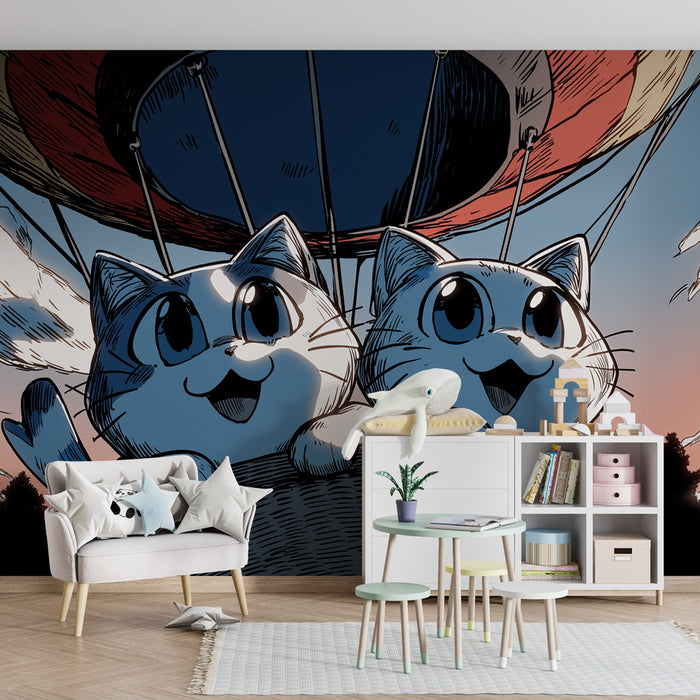 Kinderkamer behang | Vrolijke katten in een luchtballon