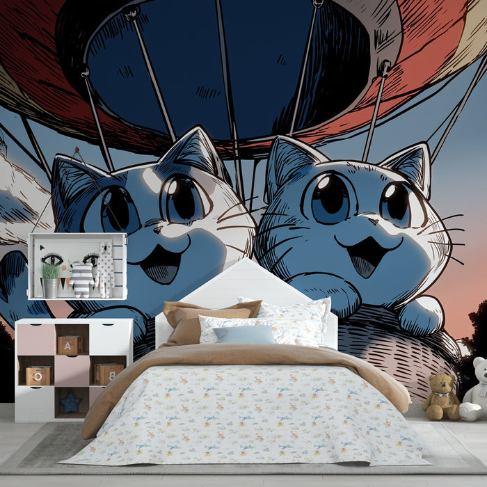 Kinderkamer behang | Vrolijke katten in een luchtballon