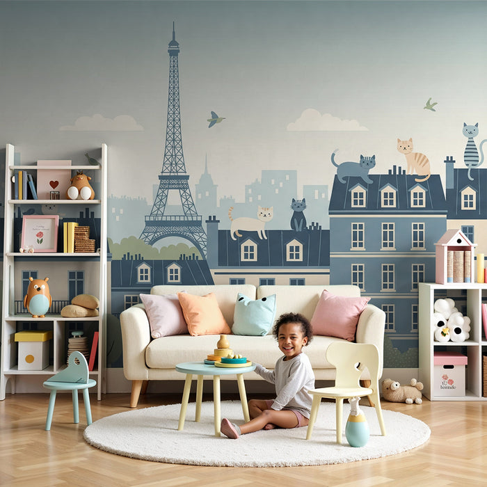 Kids' bedroom wallpaper | Clever cats on the rooftops of Paris