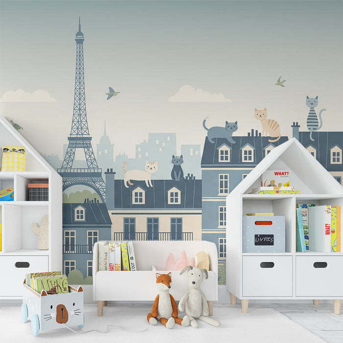 Kids' bedroom wallpaper | Clever cats on the rooftops of Paris