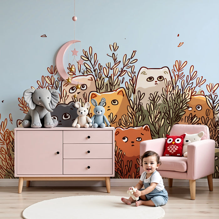 Papier peint chambre enfant | Chats mignons cachés dans les feuillages