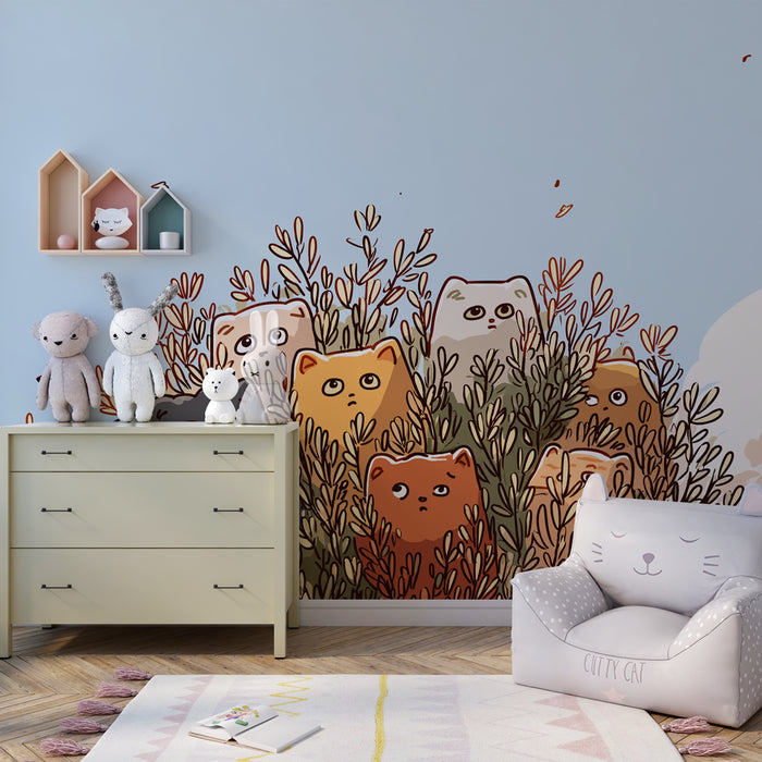 Papier peint chambre enfant | Chats mignons cachés dans les feuillages