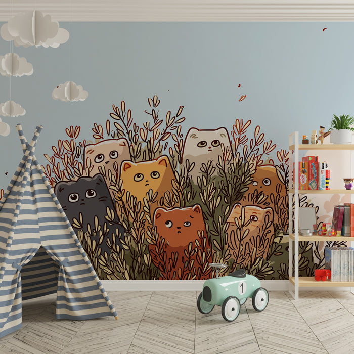 Papier peint chambre enfant | Chats mignons cachés dans les feuillages