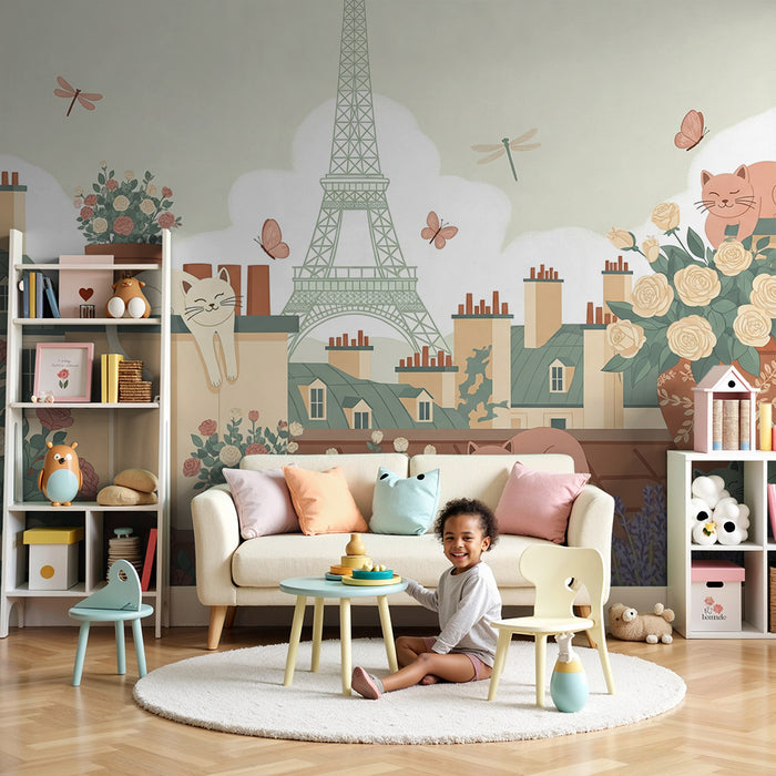 Papier peint chambre enfant | Chats mignons sur les toits de Paris avec fleurs et la Tour Eiffel