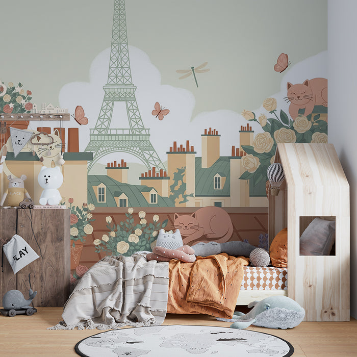 Papier peint chambre enfant | Chats mignons sur les toits de Paris avec fleurs et la Tour Eiffel