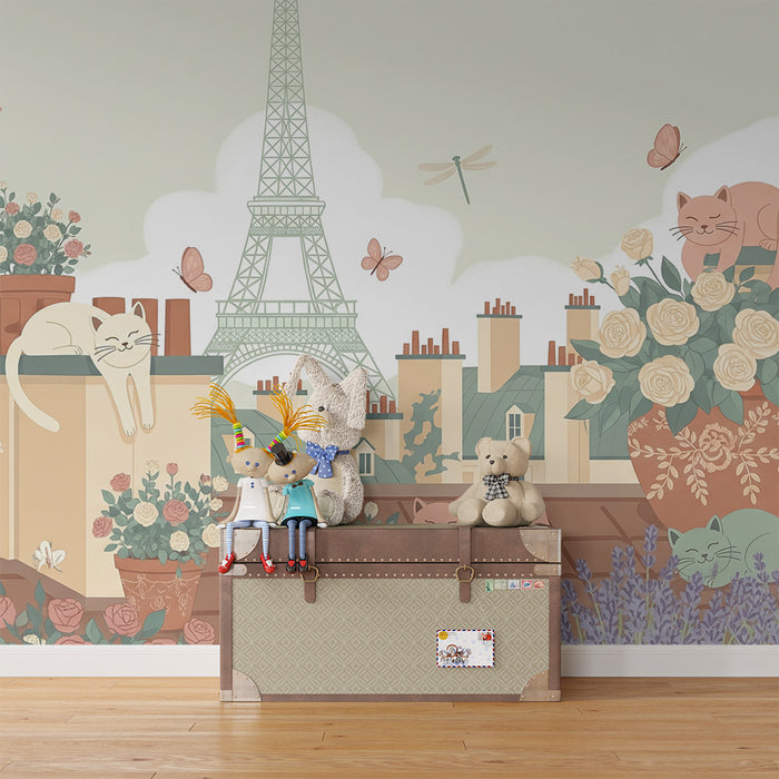 Papier peint chambre enfant | Chats mignons sur les toits de Paris avec fleurs et la Tour Eiffel