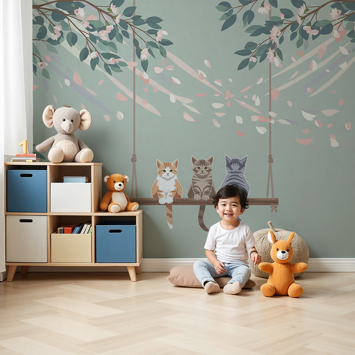 Kinderzimmer Tapete | Niedliche Katzen auf einer Schaukel unter Blumen