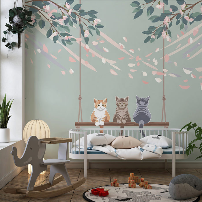 Kinderzimmer Tapete | Niedliche Katzen auf einer Schaukel unter Blumen
