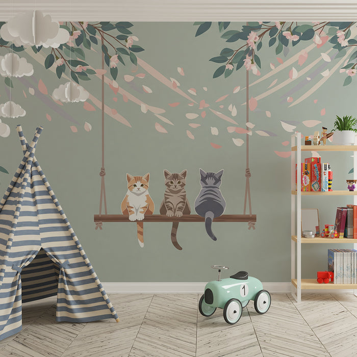Kinderzimmer Tapete | Niedliche Katzen auf einer Schaukel unter Blumen