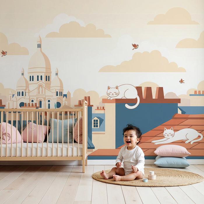Papier peint chambre enfant | Chats paisibles sur les toits de Paris