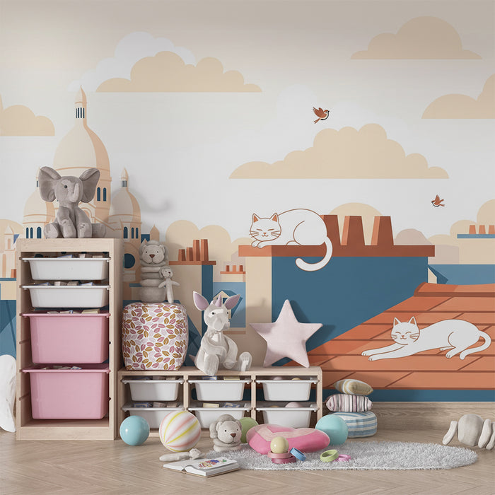 Papier peint chambre enfant | Chats paisibles sur les toits de Paris