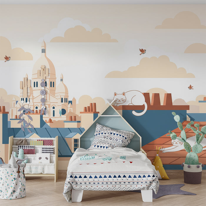 Papier peint chambre enfant | Chats paisibles sur les toits de Paris