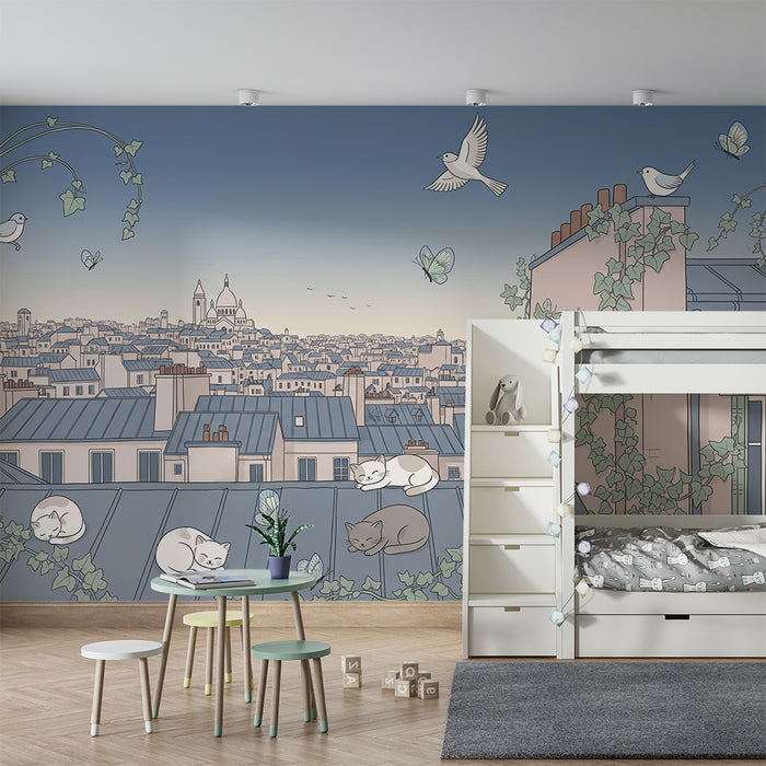 **Barnetapet til barnerommet | Fredelige katter på Paris-takene med fugler og sommerfugler**