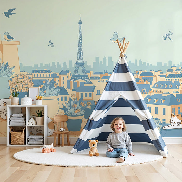 Kinderzimmer-Tapete | Ruhige Katzen auf einem Pariser Balkon mit dem Eiffelturm im Hintergrund
