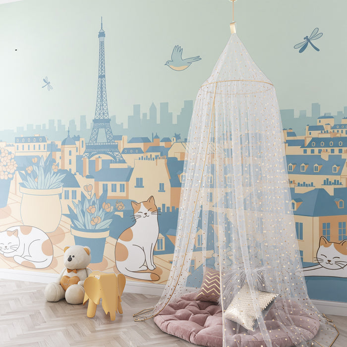 Kinderzimmer-Tapete | Ruhige Katzen auf einem Pariser Balkon mit dem Eiffelturm im Hintergrund
