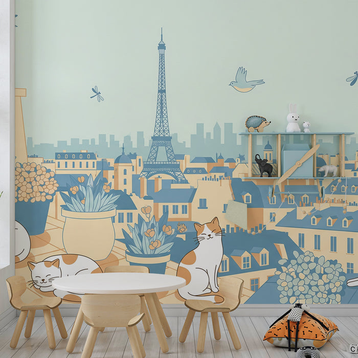 Kinderzimmer-Tapete | Ruhige Katzen auf einem Pariser Balkon mit dem Eiffelturm im Hintergrund