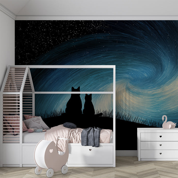 Papel de parede criança | Gatos sob um céu estrelado em movimento