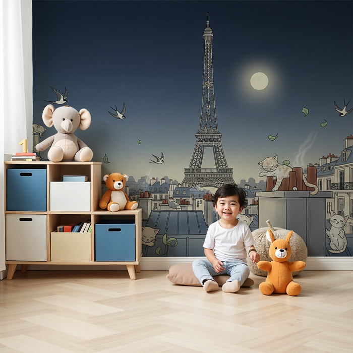 Behang kinderkamer | Katten op de daken van Parijs en Eiffeltoren