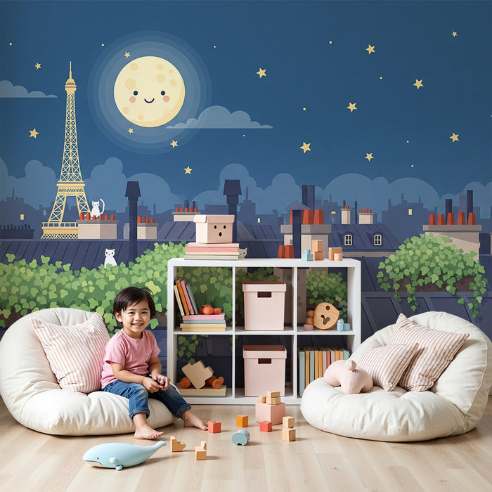 Behang kinderkamer | Katten op de daken van Parijs onder de maan