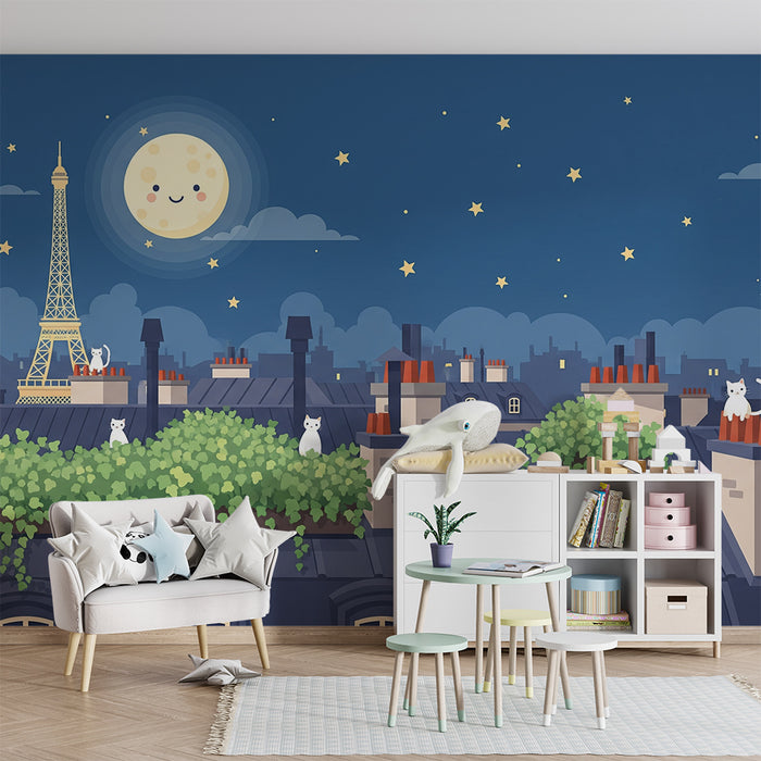 Behang kinderkamer | Katten op de daken van Parijs onder de maan