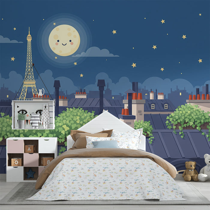 Behang kinderkamer | Katten op de daken van Parijs onder de maan