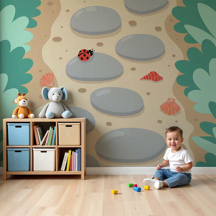 Kids' Room Wallpaper | Colorful Stone Path with Ladybugs and Seashells