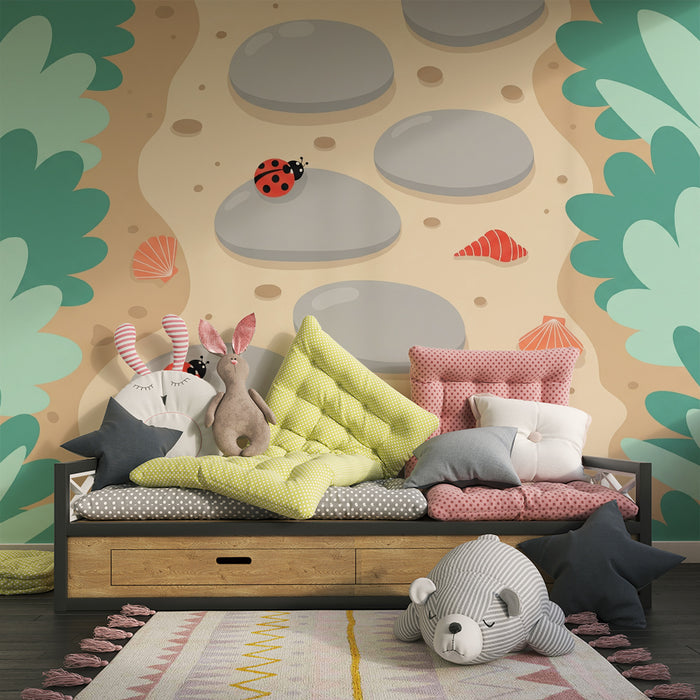 Kids' Room Wallpaper | Colorful Stone Path with Ladybugs and Seashells