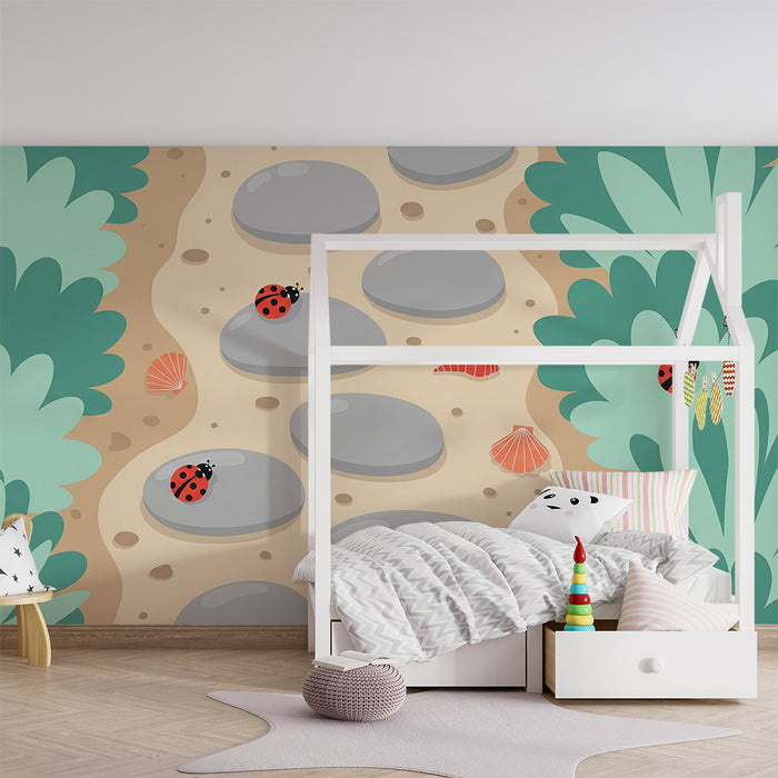 Kids' Room Wallpaper | Colorful Stone Path with Ladybugs and Seashells
