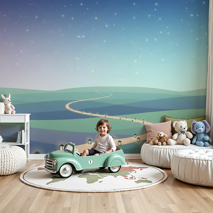 Kinderzimmer Tapete | Helle Straße unter einem Sternenhimmel