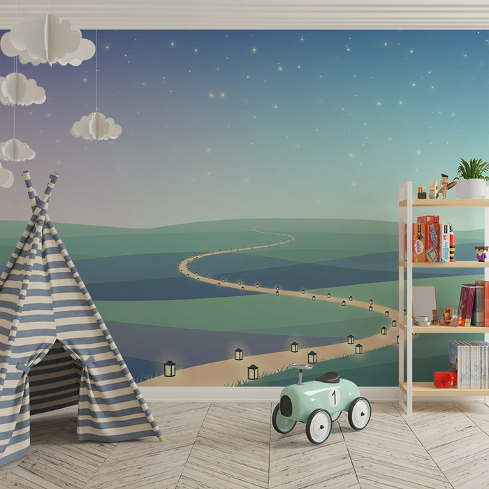 Kinderzimmer Tapete | Helle Straße unter einem Sternenhimmel