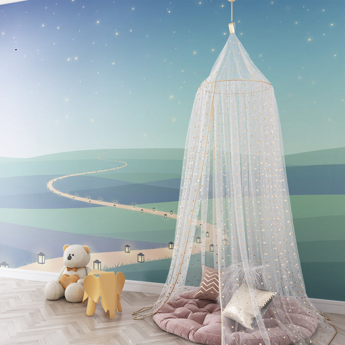 Kinderzimmer Tapete | Helle Straße unter einem Sternenhimmel