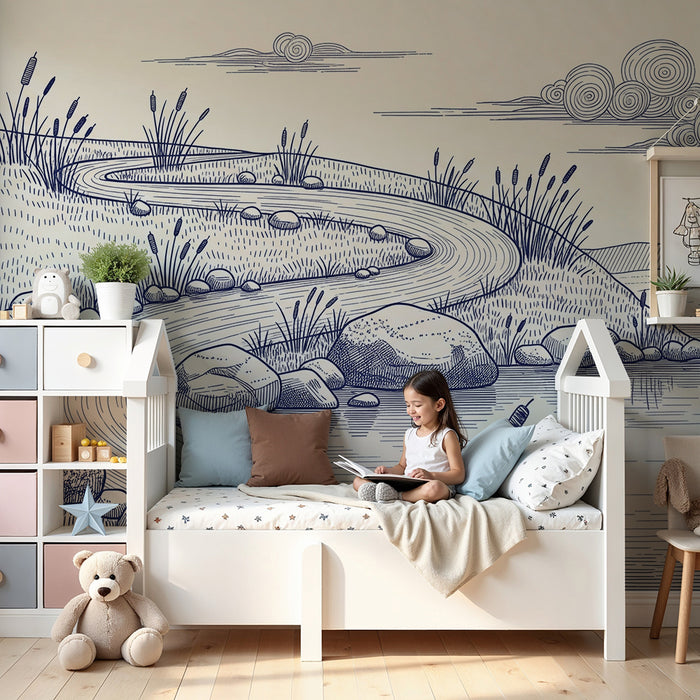 Behang kinderkamer | Slingerend pad langs het water met rotsen en planten