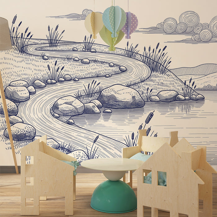 Behang kinderkamer | Slingerend pad langs het water met rotsen en planten
