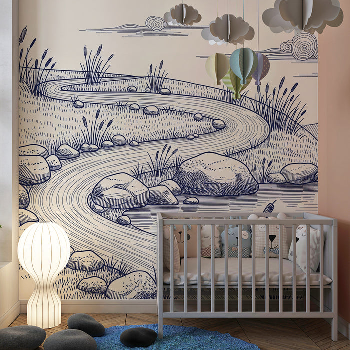 Behang kinderkamer | Slingerend pad langs het water met rotsen en planten