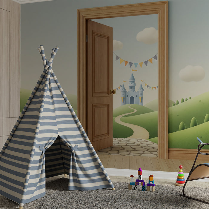 Papier peint chambre enfant | Chemin vers un château féerique au milieu des collines verdoyantes
