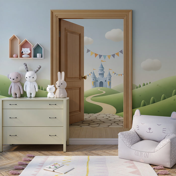 Papier peint chambre enfant | Chemin vers un château féerique au milieu des collines verdoyantes
