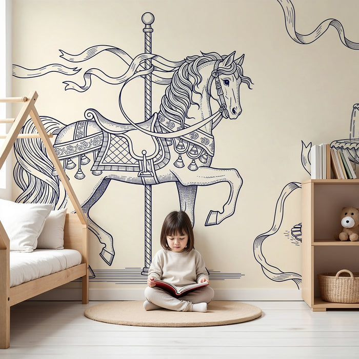 Papel de parede infantil | Cavalo de carrossel e fonte elegante em estilo vintage