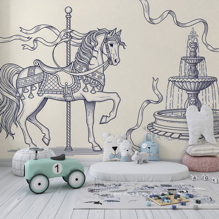 Papel de parede infantil | Cavalo de carrossel e fonte elegante em estilo vintage